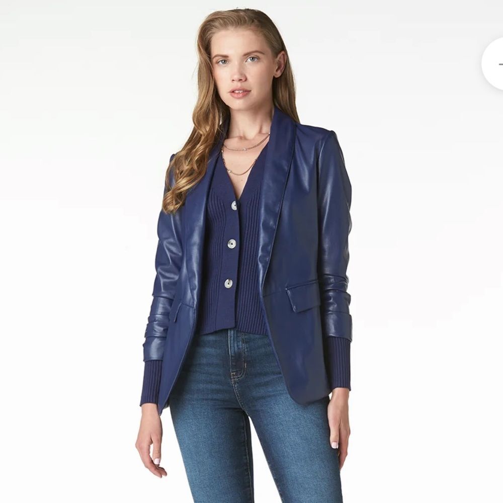 NWT Kia Vegan Faux Leather Blue Long Sleeve Blazer, Size S